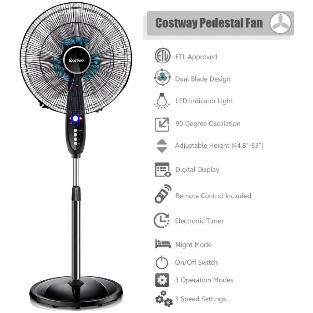 COSTWAY Pedestal Fan, 16-Inch Adjustable Height Fan features